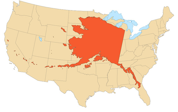 Map showing the size of alaska against the rest of the united states