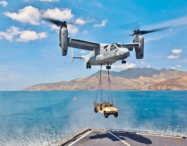 A Marine Corps Osprey showing off the versatility of the machine