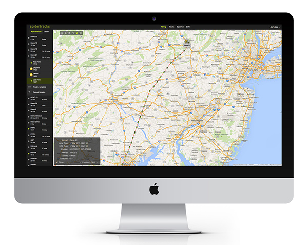 Dashtop screen showing flight tracks of paired spidertrack units.  