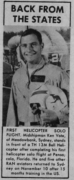 A clipping from the Navy News on 24 November 1967 showing Ken in front of a TH 13M Bell Helicopter after his first helicopter solo.