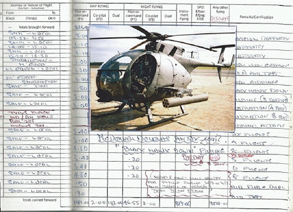 A page from Dennis' logbook during the fliming of Blackhawk Down
